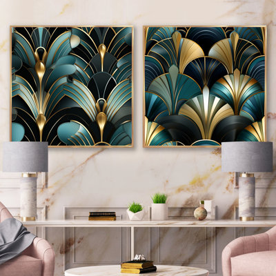 Mercer41 Art Deco Blue Golden Tile Elegance 1 II - Geometric Wall